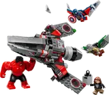 Red Hulk battles Captain America and Falcon with a jet.