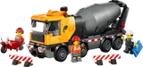 LEGO City cement mixer truck with minifigures and construction accessories.