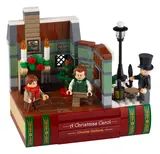 LEGO A Christmas Carol diorama on a book base with minifigures.