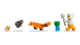 Close-up of Minecraft minifigures and brick-built animals.