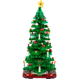 Decorated LEGO Christmas tree with star and ornaments.