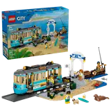 LEGO City Classic Beach Streetcar set and box art, showing piece count.