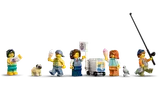 Five LEGO minifigures, pug, pigeon, and accessories.