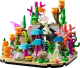 Vibrant LEGO coral reef diorama with jellyfish.