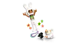 Bunny minifigure and hat-wearing cat.