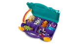 Suitcase interior with parts and minifigs.