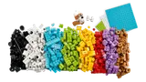 Rainbow of LEGO bricks with a brick-built dog.