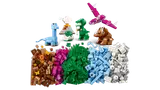 Lego bricks sorted by color with dino models.