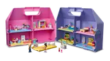 Open LEGO Friends dollhouse cases with modular rooms.
