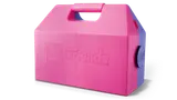 Closed pink and purple dollhouse suitcase.