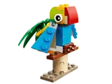 Colorful LEGO parrot on a stand.