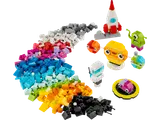 LEGO Classic Space Planet bricks in a rainbow arc with completed models.