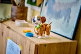 LEGO puppy on a cabinet.