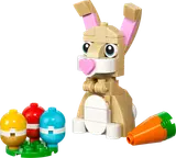 LEGO tan bunny build with Easter eggs and carrot.