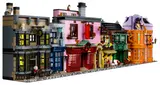 LEGO Diagon Alley assembled street, angled view.