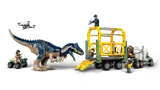 Allosaurus descends ramp from transport truck and cage.