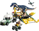 LEGO Allosaurus Transport Truck with dinosaur, ATV, and drone.