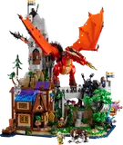 Dragon-mounted castle with village and adventurers.