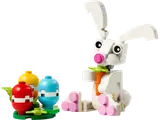 White LEGO Easter bunny with carrot and colorful eggs.
