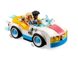 Electric car with minifigures and pug driving.