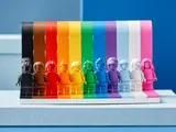 LEGO rainbow set on a light blue platform.