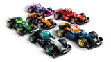 Six LEGO F1 cars in a dynamic race scene.