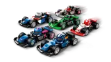 Another six LEGO F1 cars in a fast-paced shot.