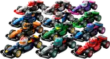 Ten LEGO F1 race cars in a colorful lineup.