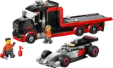LEGO F1 truck and race car with minifigures.