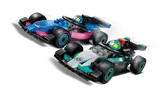 Two LEGO F1 cars racing.