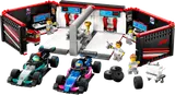 LEGO F1 Garage with two cars and crew.