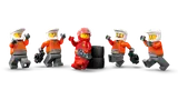 Line-up of F1 driver and pit crew minifigures.