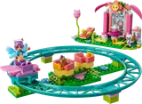 Fairy cat-girl on a roller coaster, white cat at a tea party gazebo.