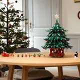 LEGO Christmas tree with minifigure lineup.
