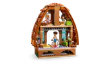 Interior view of the LEGO Friends Beach Resort building with minifigures.