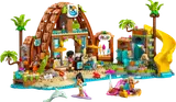 LEGO Friends Beach Resort set with main building, slide, and minifigures.