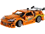 LEGO Technic Toyota Supra MK4 orange car, front 3/4 view.