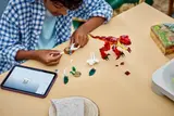 Boy builds LEGO raptor with tablet.