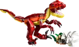 Red dinosaur pounces towards bone pile.