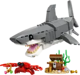 LEGO shark, crab, treasure chest.