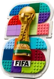 LEGO FIFA World Cup 2026 emblem, golden trophy on colorful mosaic.