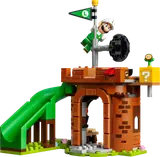 Luigi climbing fortress flagpole, 'L' flag flying.