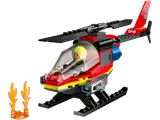 LEGO fire rescue helicopter with pilot and flames.