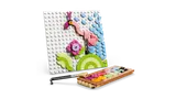 Angled view of LEGO flamingo art.