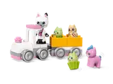 LEGO train with Pandy Paws and cat figures.