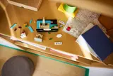 Overhead view of disassembled LEGO Germany Postcard parts.