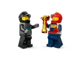 Close-up of two minifigure racers with a golden wrench.