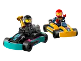 Two LEGO go-karts with drivers, one black, one yellow.