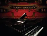 Grand Piano on concert stage with red seats.
