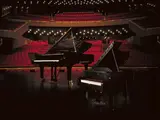 LEGO Grand Piano next to a real grand piano.